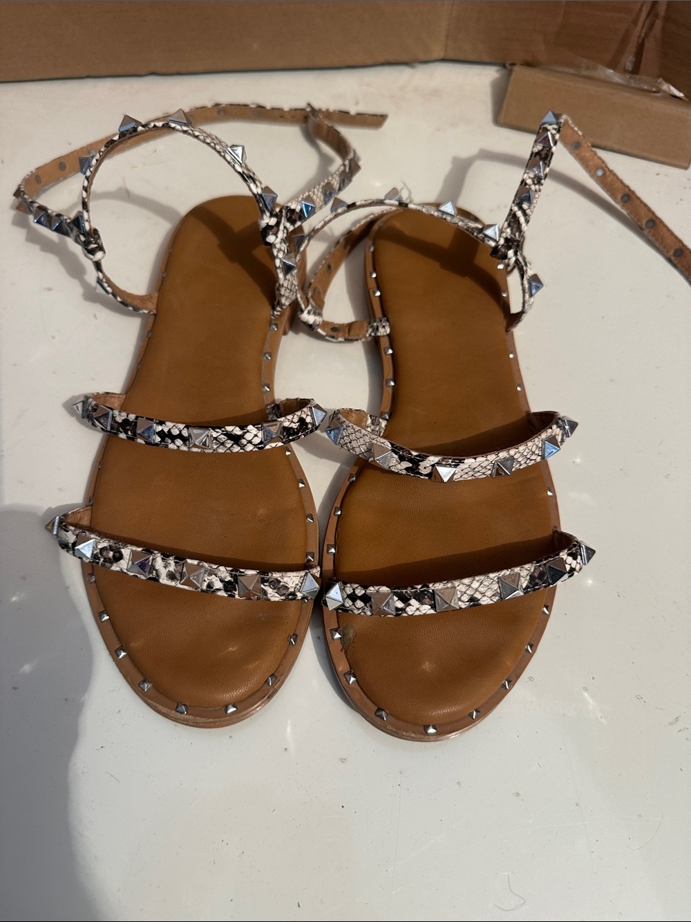 Nicole Miller Snake-Print Studded Strappy Sandals - Brown/Black